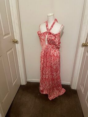 Zara Red and White Halter-Style Maxi Dress